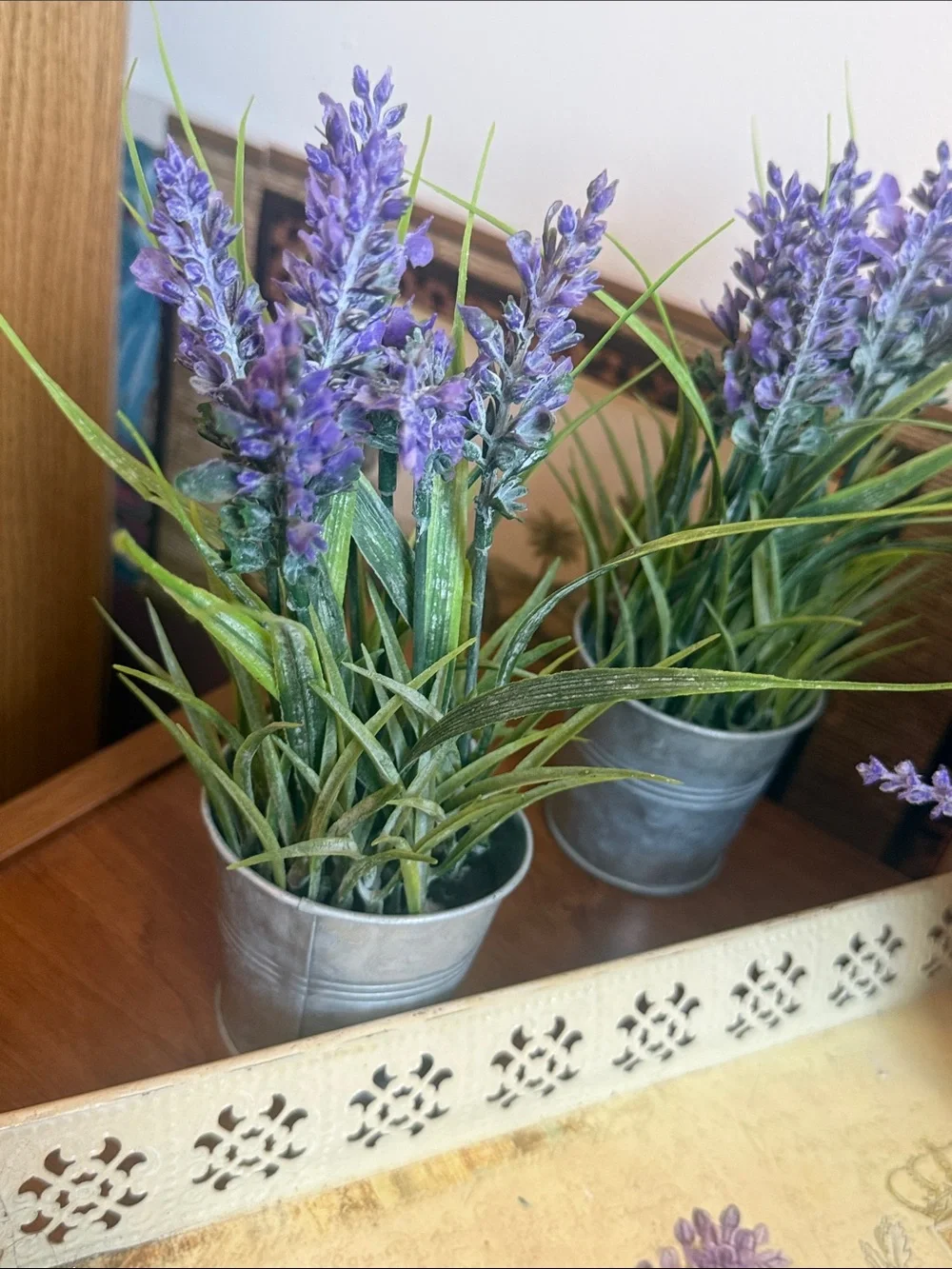 Lavender Faux Floral Arrangement in Gray Metal Planter - Home Accents